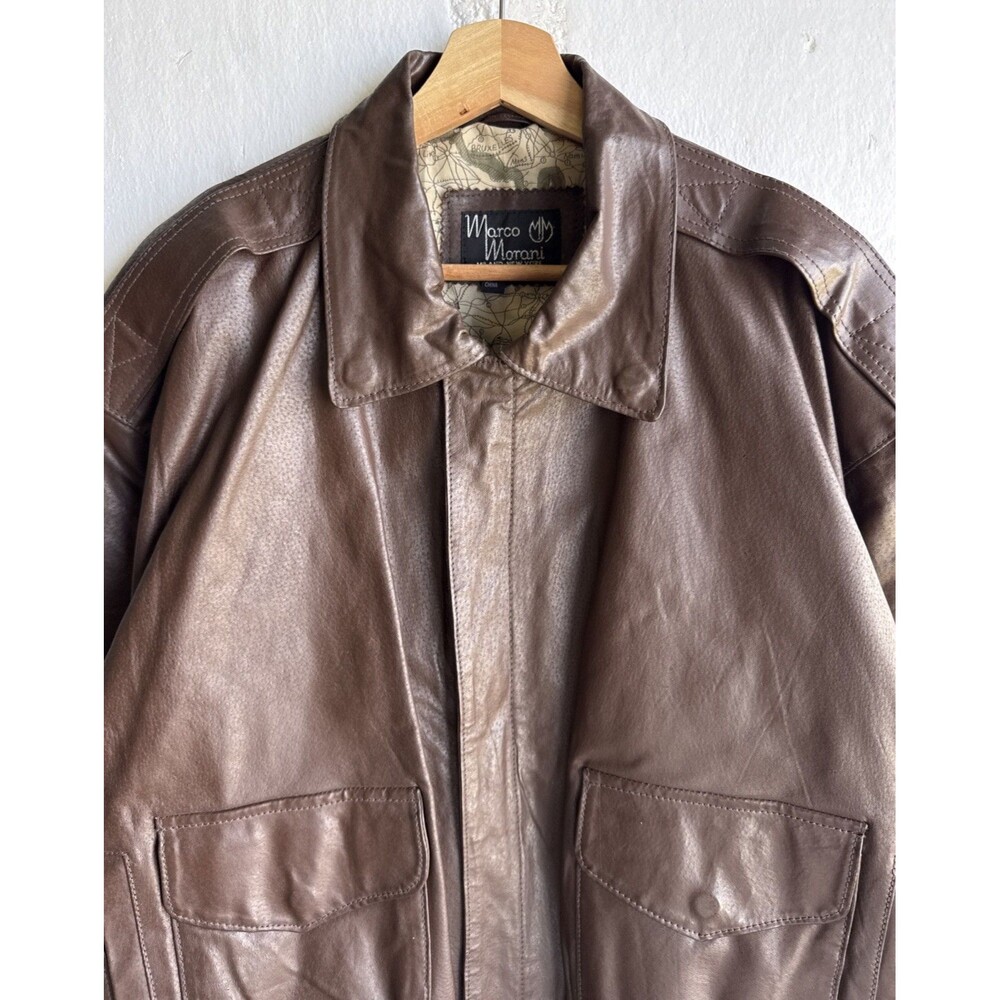VTG 80s Marco Morani A-2 Brown Leather Bomber Jacket Map Lined Men's 2XL XXL - Picture 5 of 11